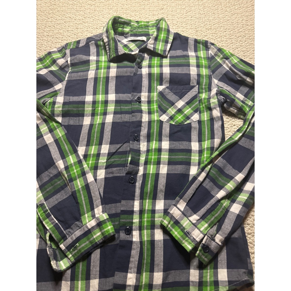 Tronjori Plaid Button Down Shirt Green Navy Blue Size 12 Kids Long Sleeve Pocket